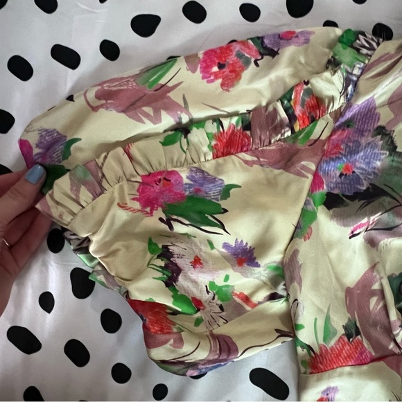 Topshop Floral Print Puff Sleeve Tie Front Satin Mini Dress - Picture 5 of 7